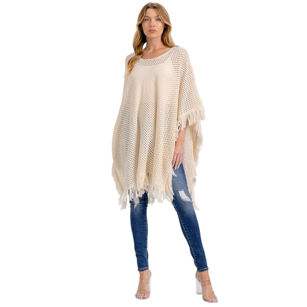 Cream Open Knit Fringe Poncho Cover Up Boho Oversized One Size NWT - Picture 1 of 7